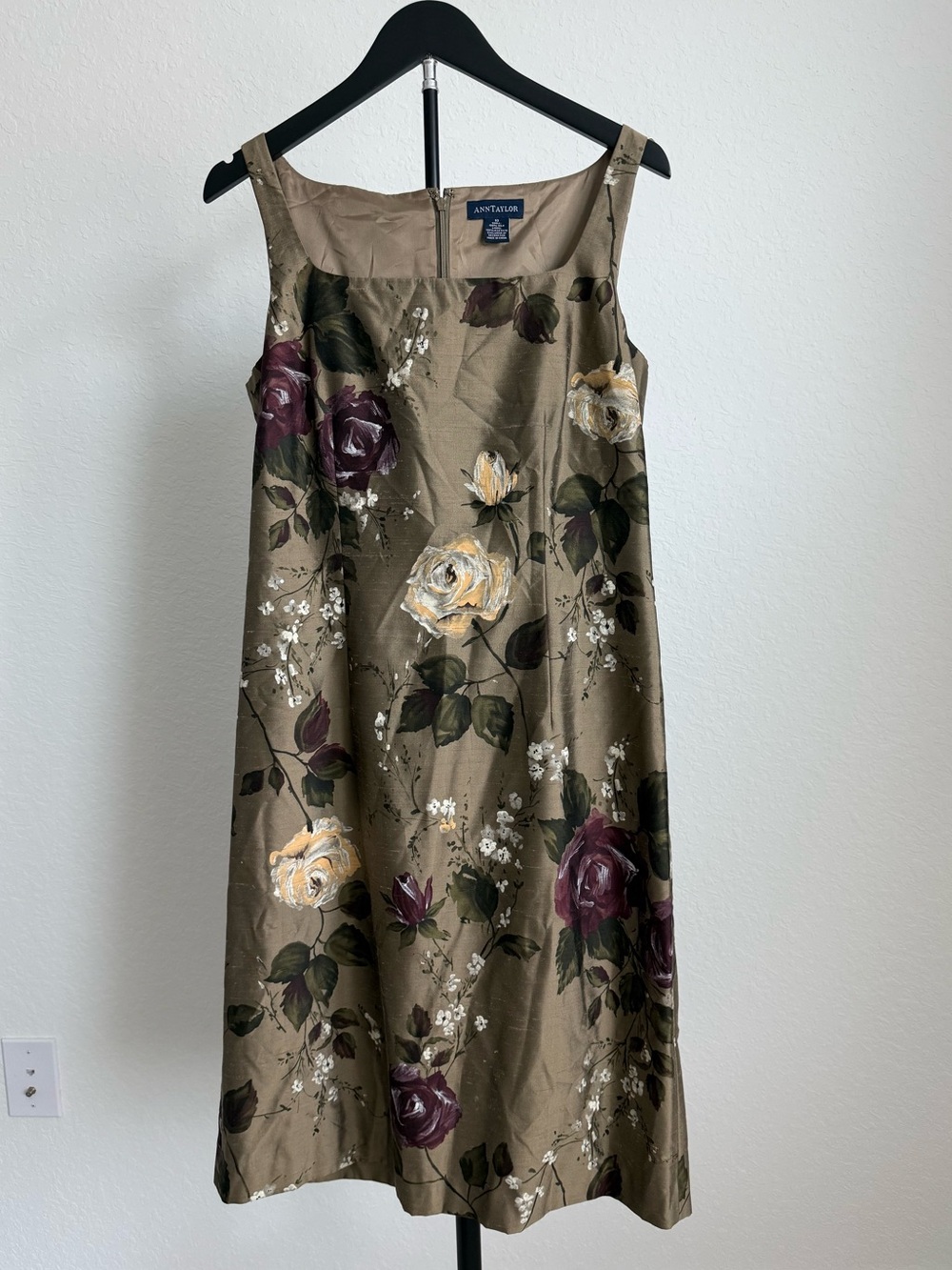Ann Taylor Olive Floral Midi Dress with Cream and Plum Roses